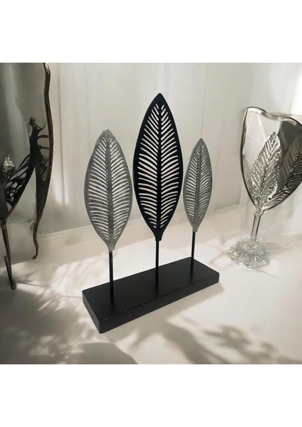 Dekoratif Metal Yaprak Temalı Masaüstü Obje Siyah Gümüş Renk modelleri