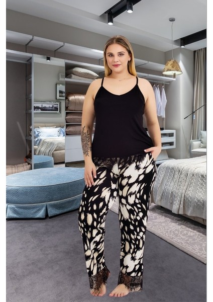 Büyük Beden Askılı Alt Puantiyeli Dantel Detaylı Pijama Takım