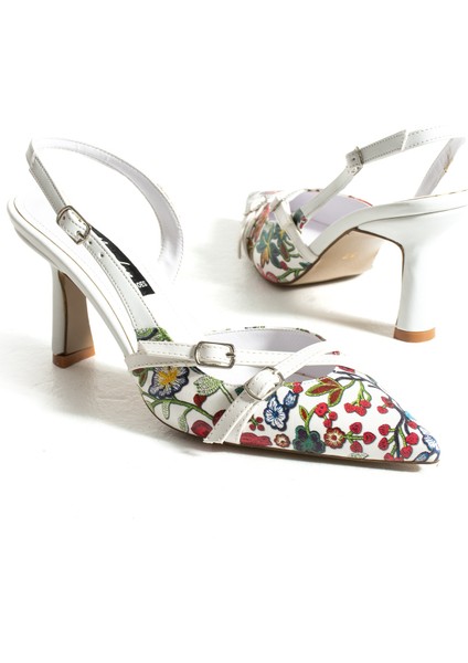 Dazzle Beyaz-Yeşil Çiçek Detay Kadın Topuklu Ayakkabı fiyatları