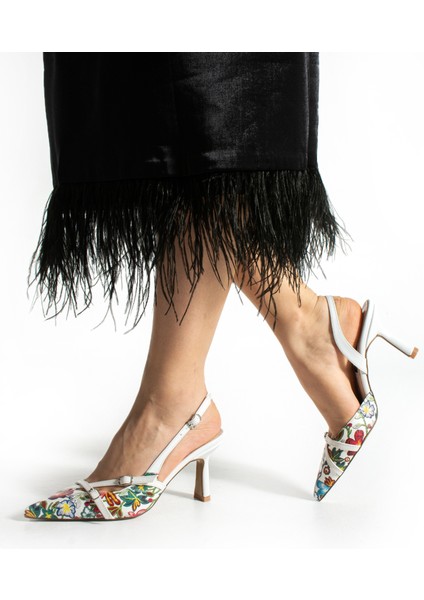 Dazzle Beyaz-Yeşil Çiçek Detay Kadın Topuklu Ayakkabı modelleri