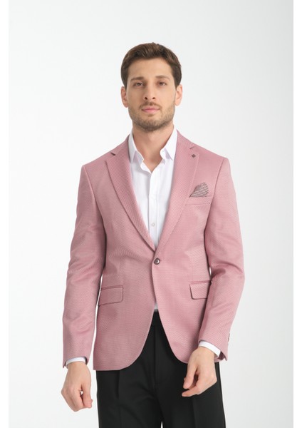Elita Erkek Bordo Mikro Desenli Slim Fit Mono Yaka Spor Blazer Ceket