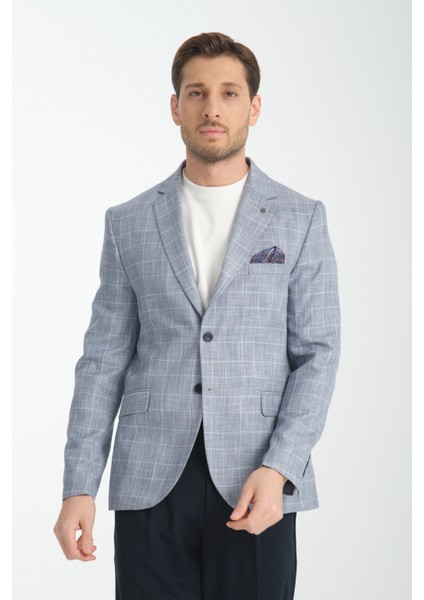 Flores Erkek Lacivert Ekose Keten Görünümlü Slim Fit Mono Yaka Spor Blazer Ceket