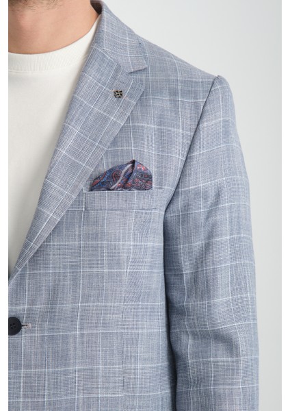 Flores Erkek Lacivert Ekose Keten Görünümlü Slim Fit Mono Yaka Spor Blazer Ceket fiyatları
