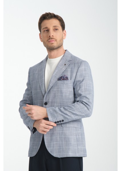 Flores Erkek Lacivert Ekose Keten Görünümlü Slim Fit Mono Yaka Spor Blazer Ceket modelleri