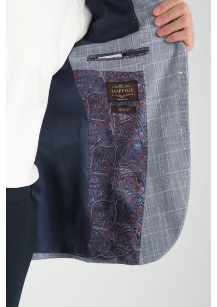 Flores Erkek Lacivert Ekose Keten Görünümlü Slim Fit Mono Yaka Spor Blazer Ceket fırsatları