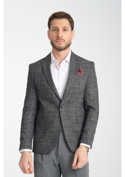 Caswino Erkek Siyah Ekose Slim Fit Mono Yaka Spor Blazer Ceket