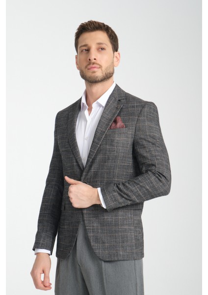 Caswino Erkek Siyah Ekose Slim Fit Mono Yaka Spor Blazer Ceket modelleri