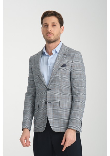 Manio Erkek Koyu Lacivert Ekose Slim Fit Mono Yaka Spor Blazer Ceket modelleri