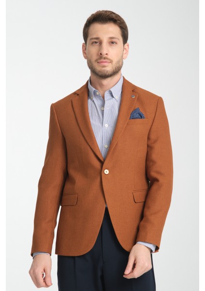 Allegri Erkek Hardal Desenli Slim Fit Mono Yaka Spor Blazer Ceket