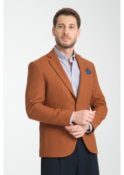 Allegri Erkek Hardal Desenli Slim Fit Mono Yaka Spor Blazer Ceket