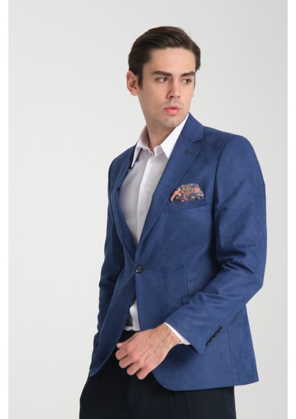 Adelfo Erkek Indigo Diagonel Süet Slim Fit Mono Yaka Spor Blazer Ceket