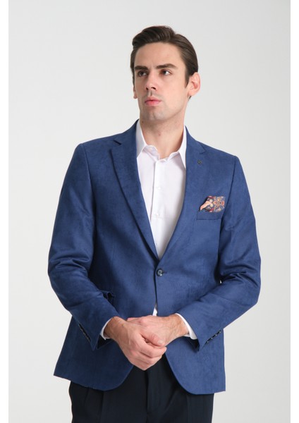 Adelfo Erkek Indigo Diagonel Süet Slim Fit Mono Yaka Spor Blazer Ceket modelleri