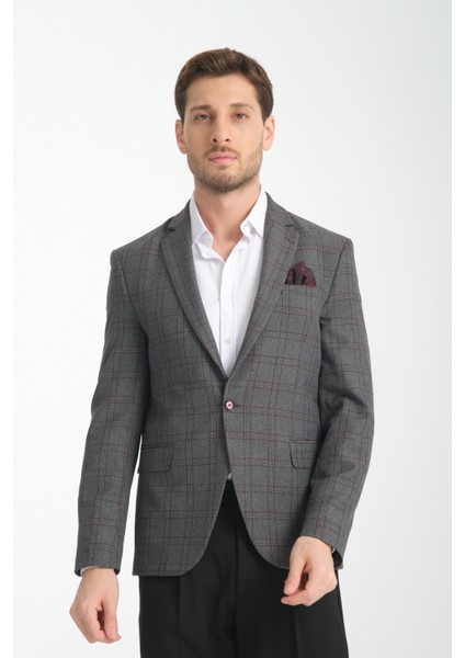 Opera Erkek Siyah - Bordo Ekose Slim Fit Mono Yaka Spor Blazer Ceket