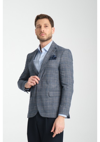 Caswino Erkek Lacivert Ekose Slim Fit Mono Yaka Spor Blazer Ceket modelleri
