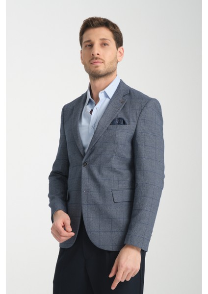 Mendes Erkek Koyu Lacivert Ekose Slim Fit Mono Yaka Spor Blazer Ceket modelleri