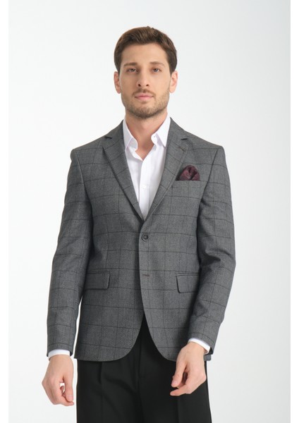Mendes Erkek Siyah Ekose Slim Fit Mono Yaka Spor Blazer Ceket