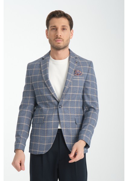 Vestore Erkek Açık Lacivert Ekose Slim Fit Mono Yaka Spor Blazer Ceket