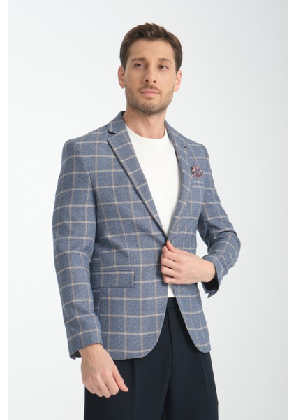 Vestore Erkek Açık Lacivert Ekose Slim Fit Mono Yaka Spor Blazer Ceket