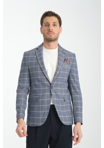 Vestore Erkek Lacivert Ekose Slim Fit Mono Yaka Spor Blazer Ceket