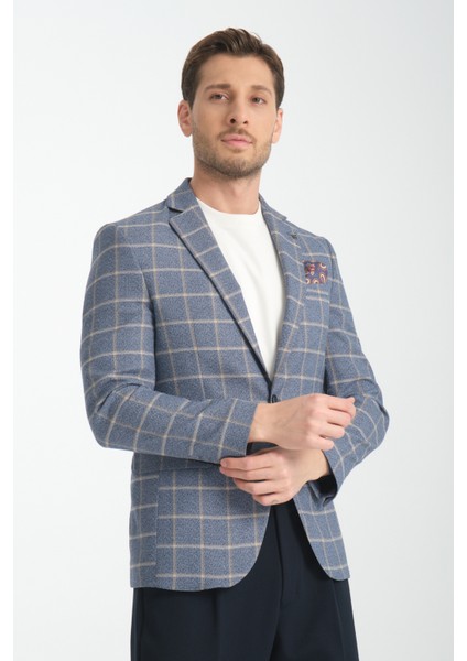 Vestore Erkek Lacivert Ekose Slim Fit Mono Yaka Spor Blazer Ceket