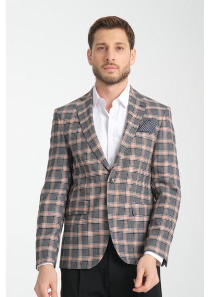 Giraldo Erkek Siyah - Hardal Ekose Slim Fit Mono Yaka Spor Blazer Ceket