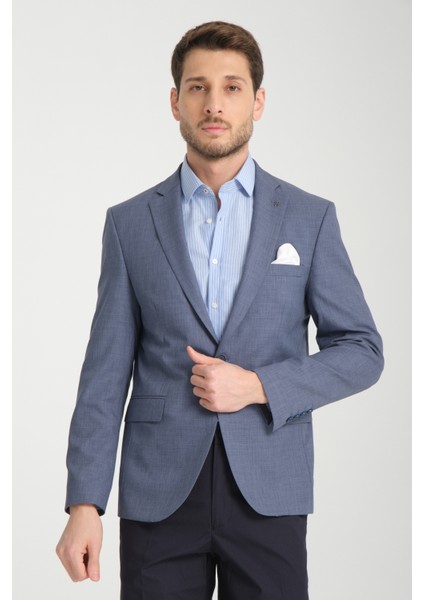 Pieros Erkek Indigo Pamuk Karışımlı Slim Fit Mono Yaka Spor Blazer Ceket
