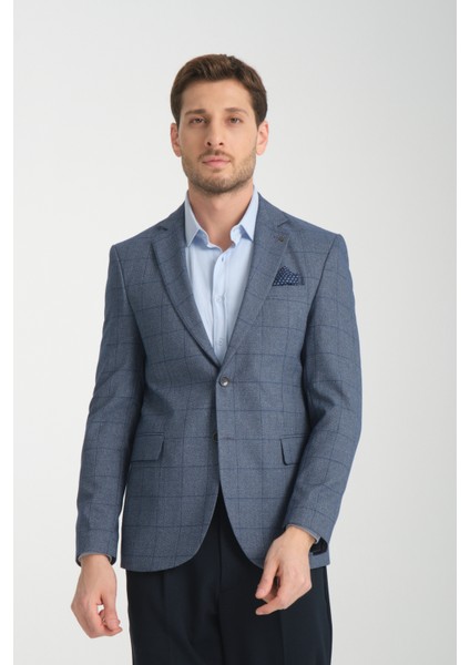 Mendes Erkek Lacivert Ekose Slim Fit Mono Yaka Spor Blazer Ceket