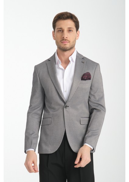 Elita Erkek Siyah Mikro Desenli Slim Fit Mono Yaka Spor Blazer Ceket