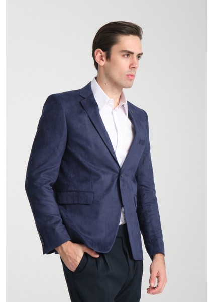 Cencio Erkek Açık Lacivert Diagonel Süet Slim Fit Mono Yaka Spor Blazer Ceket