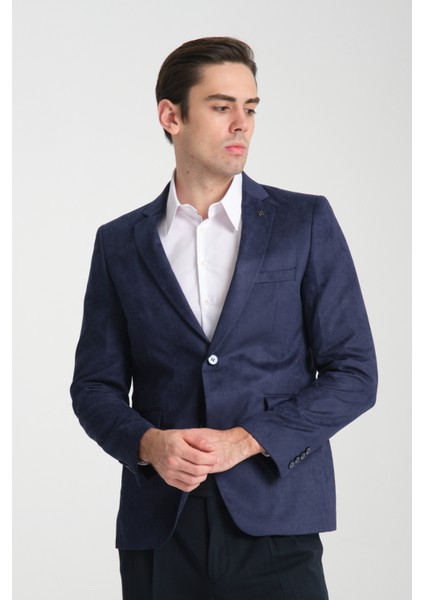 Cencio Erkek Açık Lacivert Diagonel Süet Slim Fit Mono Yaka Spor Blazer Ceket