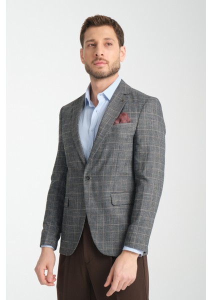 Caswino Erkek Gri Ekose Slim Fit Mono Yaka Spor Blazer Ceket