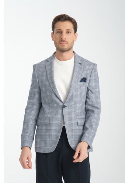 Barella Erkek Lacivert Ekose Slim Fit Mono Yaka Spor Blazer Ceket