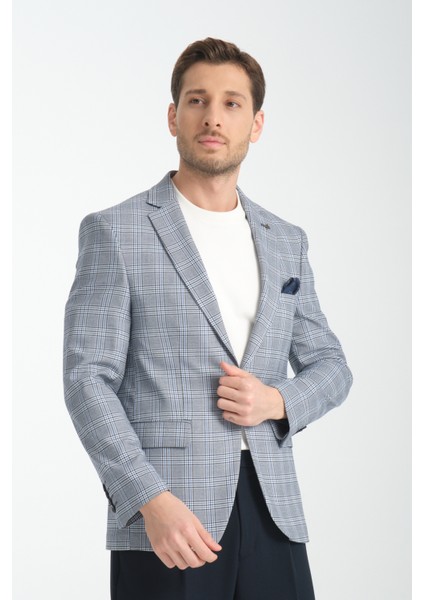 Barella Erkek Lacivert Ekose Slim Fit Mono Yaka Spor Blazer Ceket modelleri