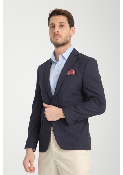 Pieros Erkek Koyu Lacivert Pamuk Karışımlı Slim Fit Mono Yaka Spor Blazer Ceket