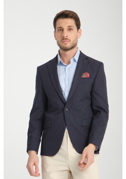 Pieros Erkek Koyu Lacivert Pamuk Karışımlı Slim Fit Mono Yaka Spor Blazer Ceket