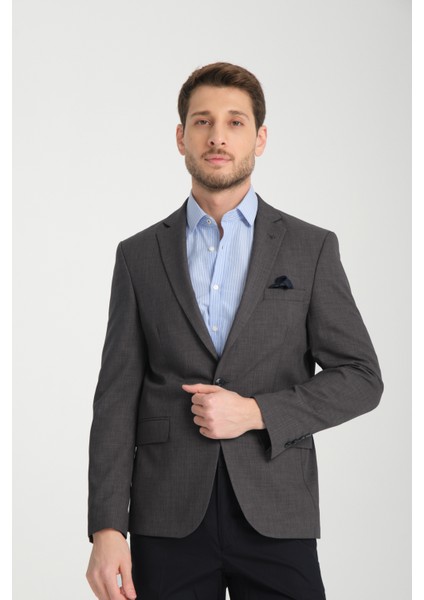Pieros Erkek Antrasit Pamuk Karışımlı Slim Fit Mono Yaka Spor Blazer Ceket