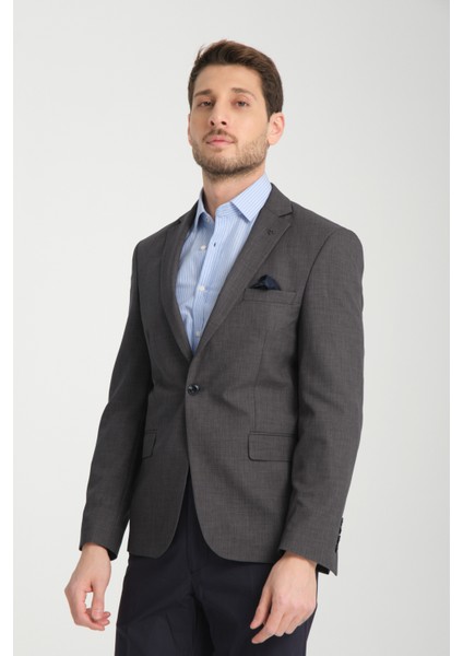 Pieros Erkek Antrasit Pamuk Karışımlı Slim Fit Mono Yaka Spor Blazer Ceket