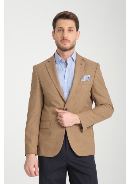 Pieros Erkek Hardal Pamuk Karışımlı Slim Fit Mono Yaka Spor Blazer Ceket