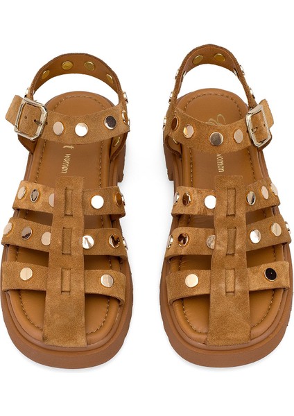 Elit Sylviana Kadın Süet Deri Ortopedik Düz Sandalet Taba modelleri