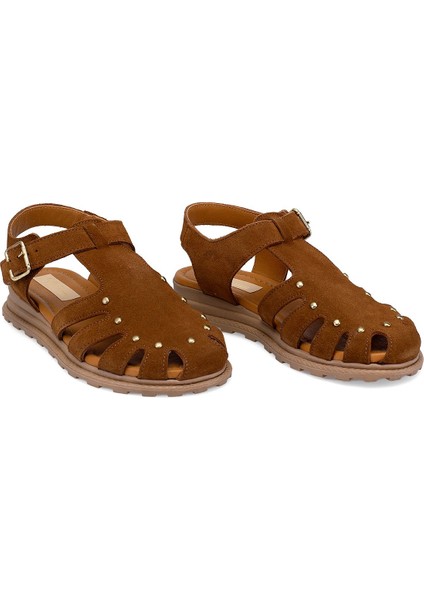 Elit Celestine Kadın Hakiki Deri Düz Sandalet Taba