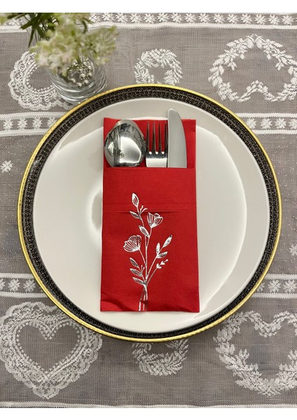 Gümüş Yaldızlı Kırmızı Cepli Gelincik Çiçeği Peçete 12 Adet