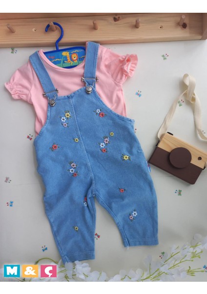 Kız Çocuk Jean Etek Salopet 2' Li Kot Etek Tulum Takım