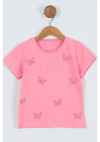 Kız Çocuk Tshirt Kelebek Baskılı Bisiklet Yaka D31