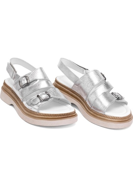 Elit Vesta Kadın Deri Düz Sandalet Gümüş