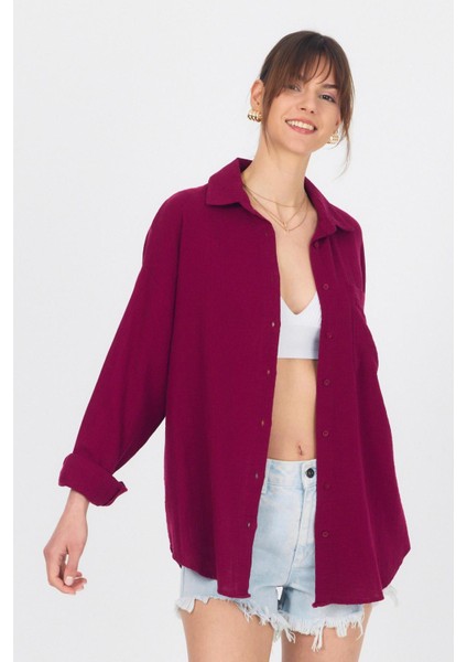 Bordo Tek Cepli %100 Pamuk Oversize Müslin Gömlek 4697A