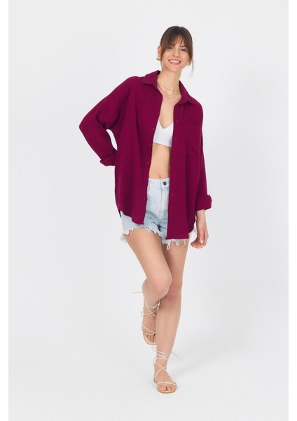 Bordo Tek Cepli %100 Pamuk Oversize Müslin Gömlek 4697A