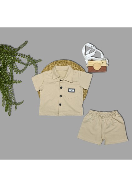 Erkek Bebek Yakalı Düğmeli Armalı Şort Gömlek Ikili Takım