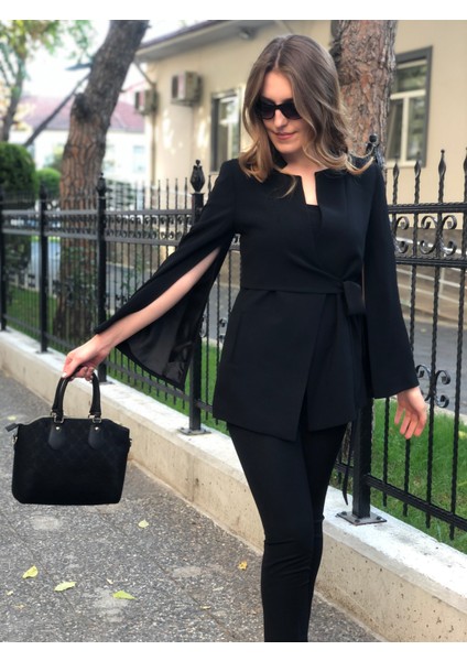 Kadın Kolu Yırtmaçlı Yandan Bağlamalı Blazer Ceket