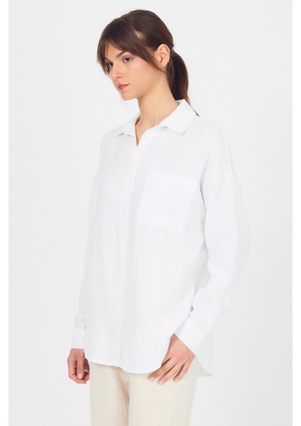 Beyaz Tek Cepli %100 Pamuk Oversize Müslin Gömlek 4697A