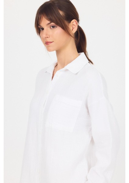 Beyaz Tek Cepli %100 Pamuk Oversize Müslin Gömlek 4697A